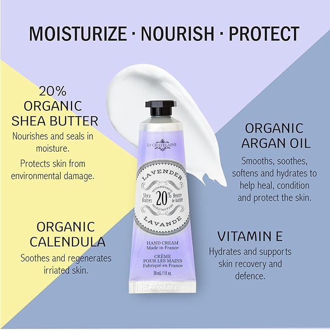 La Chatelaine Lavender Triple Milled Bar Soap and 20% Shea Butter Hand Cream Gift Set, Gift for Mom, Decorative Tin, Plant-Based, Natural & Organic, Made in France (7 oz. soap bar, 1 oz. hand lotion)