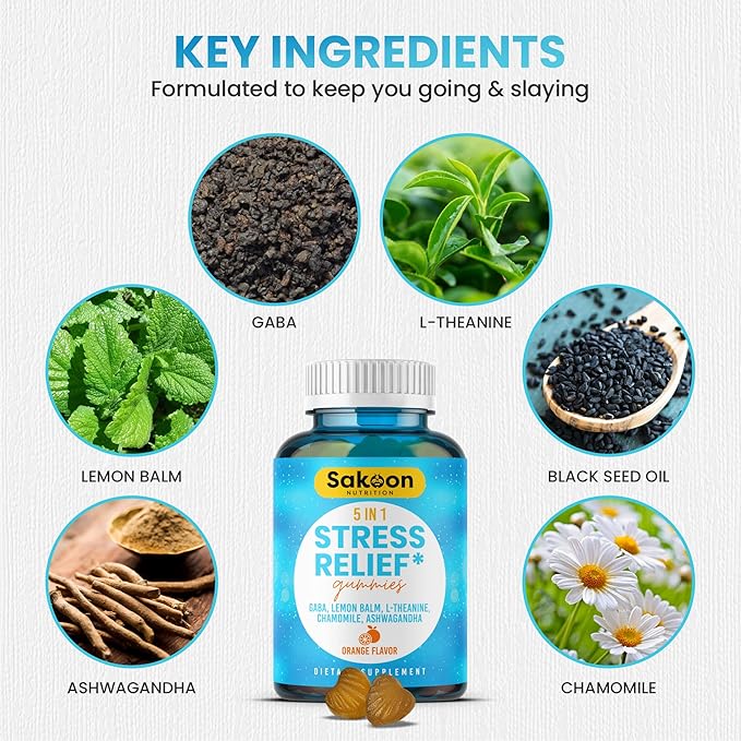 6-in-1 Stress Relief Gummies 60ct - Aids Relaxation with Ashwagandha, GABA, L-theanine, Lemon Balm, Chamomile, Black Cumin Seed Nigella Sativa. Improved Deep Sleep, Joint Support - 60 gummies
