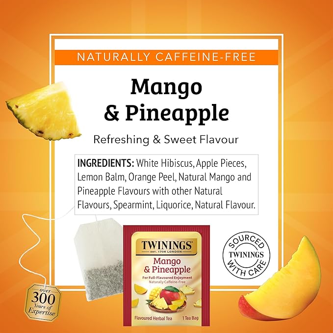 Twinings Mango & Pineapple Herbal Tea Individually Wrapped Bags, 20 Count (Pack of 6), Naturally Caffeine-Free, Enjoy Hot or Iced, 120 Teabags