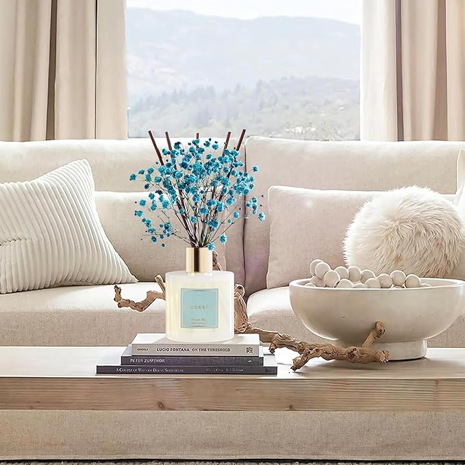 COCORRÍNA Reed Diffuser - Ocean Mist 6.7 Fl.oz Reed Diffuser Set with Sticks & Preserved Baby's Breath, Reed Diffuser for Home Bathroom Shelf Decor