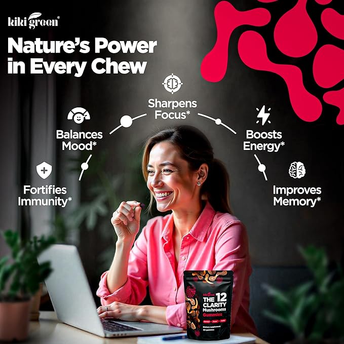 KIKI Green 12 Mushroom Supplement Gummies - Lion's Mane, Cordyceps, Chaga, Reishi, Turkey Tail & 7 More for Memory, Focus, Immunity - 60 Mushroom Gummies for Adults with Raspberry Flavor 10:1 Extract