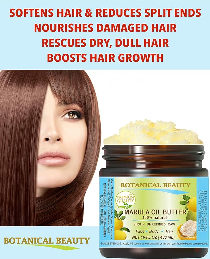 Botanical Beauty MARULA OIL BUTTER RAW VIRGIN UNREFINED for Face, Body, Hair, Lip, Nails, Dry Skin, Cracked Hands, Rosacea, Eczema, Rashes, Itchiness, Redness, Anti-Aging (8 Fl Oz)