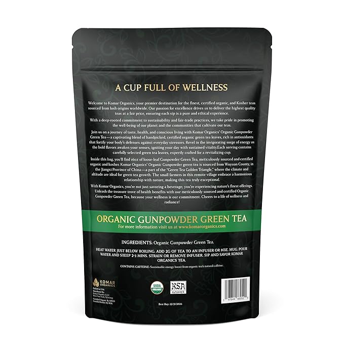 Komar Organics Gunpowder Green USDA Organic Green Tea 16Oz Loose Leaf Deep Smokey Flavor 1 LB, Ideal for Energy Boost, Antioxidants