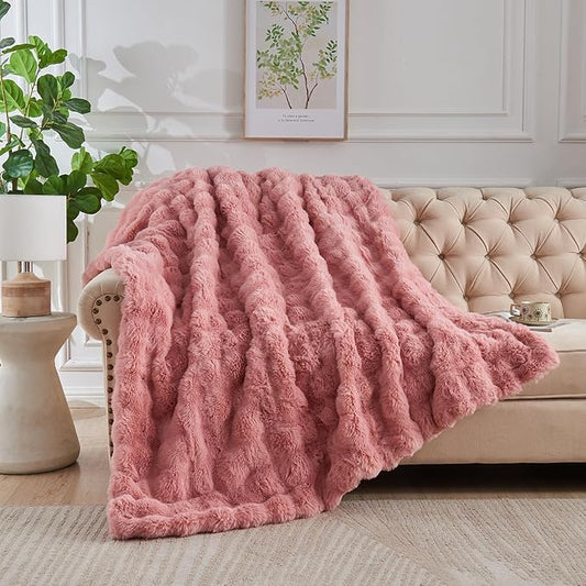 Lotus Karen Faux Fur Blanket Old Pink Queen Size - Big Bubble Rabbit Fluff Throw for Couch Small Fluffy Fuzzy Cozy Thick Furry Plush Shaggy Blankets 90x90 Inches