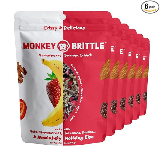 Monkey Brittle Healthy Snacks, Crispy Plant-Based Treats for Kids & Adults, Vegan & Gluten-Free, All-Natural Snack for School, Sports, Camping & On-the-Go (Pack of 6), Strawberry Banana Crunch