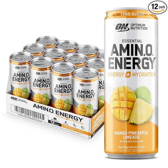 Optimum Nutrition Amino Energy Sparkling Hydration Drink, Electrolytes, Caffeine, Amino Acids, BCAAs, Sugar Free, Mango Pineapple Limeade, 12 Fl Oz, 12 Pack (Packaging May Vary)