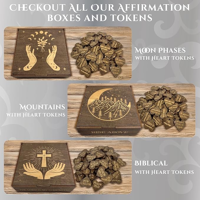 Biblical Affirmations Box | Christian Themed Engraved Wood Box with 72 Scripture Affirmation Heart Cutouts | Daily Motivational Religious Gift