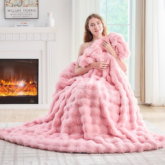 Lotus Karen Faux Fur Throw Blanket Pink - Big Bubble Rabbit Fluff Blanket for Couch, Large Fluffy Fuzzy Cozy Blanket,Thick Furry Plush Shaggy Blankets,90x90 Inches