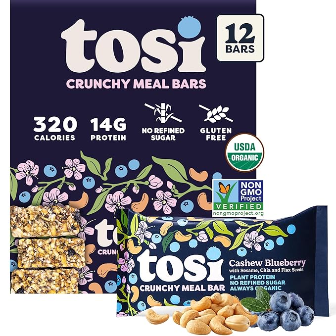 Tosi Cashew Blueberry Protein Bars, Plant Based with Nuts, Gluten-Free Crunchy Snacks, Vegan, Organic, Flax & Chia Seeds, Soy-Free, Omega 3s, 12G Protein, 2.4 oz, 12-Pack