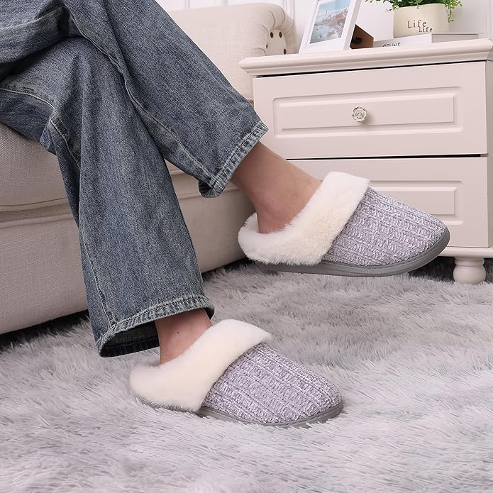 Evshine Warm Knit House Slippers for Women Comfy Wool-Like Lined Chenille Slippers with Memory Foam and Indoor Outdoor Soles