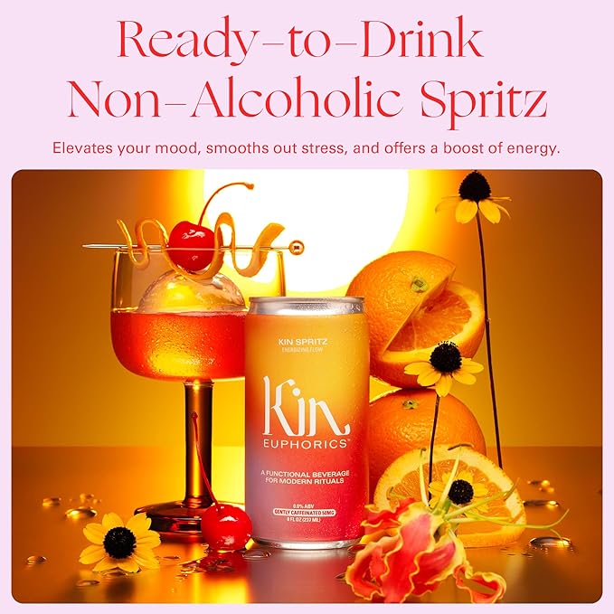 Kin Euphorics Kin Spritz Non-Alcoholic Functional Beverage | Invigorating Booster | Adaptogen & Nootropic Drink | Rhodiola Rosea, 5-HTP, GABA | Ready to Drink | 8 Fl Oz (24pk)