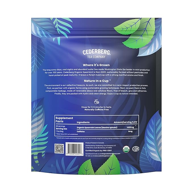 Cederberg Tea Company Organic Spearmint Tea — 30 Tea Bags | Organic Herbal Tea From Single Origin | Eco-Friendly Tea Bags | Non-GMO Caffeine Free Tea With Zero Sugar