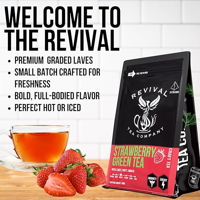 Revival Tea Company Strawberry Green Tea - Green Tea Blend with Natural Strawberry Flavor - Loose Leaf 6 Ounces