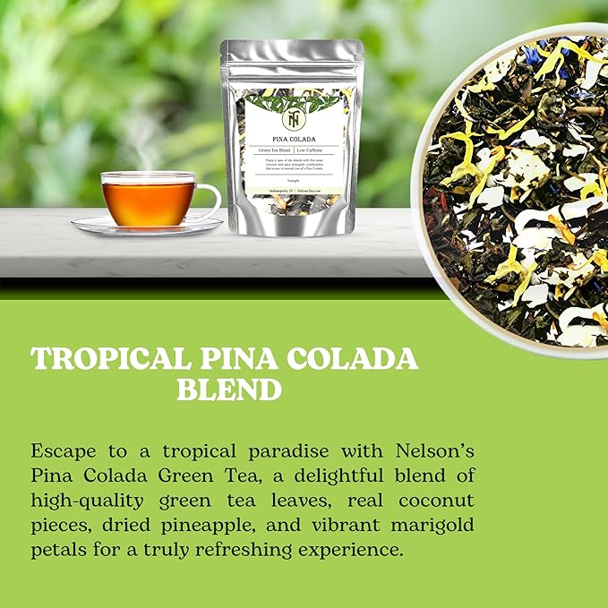 Nelson's Tea - Pina Colada - Green Loose Leaf Tea - Green Tea, coconut, dried pineapple, and marigold petals - 2 oz.