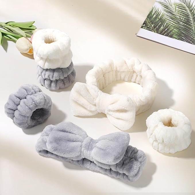 6 Pcs Spa Headband and Wristbands,Coral Fleece Makeup Cosmetic Headband for Washing Face, Bow Headbands for Shower Terry Cloth Headbands for Women Facial Hair Band