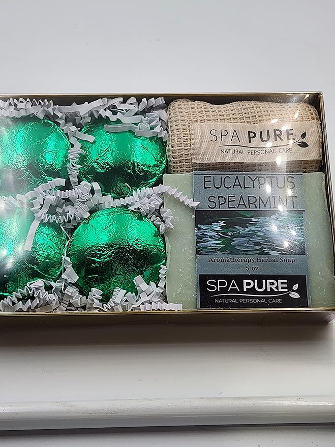Spa Pure Aromatherapy Gift Set: Eucalyptus Spearmint Artisan soap, 4 Shower Steamers, made with plant based ingredients, steamer bag & soap bag
