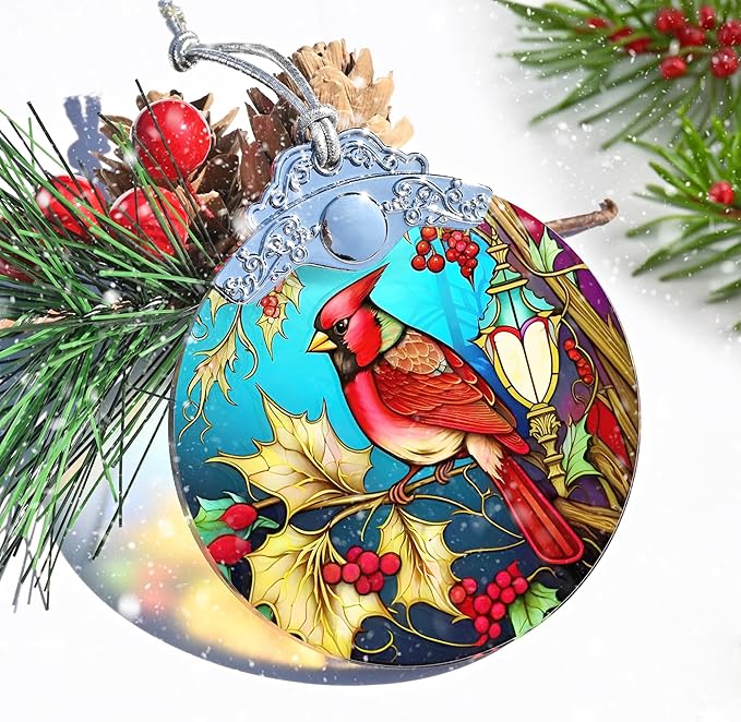 Christmas Ornament - Red Bird Cardinal Stained Glass Decor - Holiday Decorations and Xmas Gift Ideas for Tree