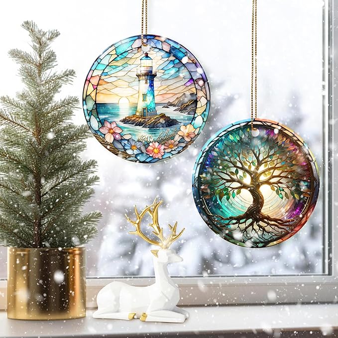 Colorful Ceramic Lighthouse Christmas Ornament for Tree, Holiday Decorations, Christmas Decor, Lighthouse Lovers Gifts, Ornament Gift Ideas