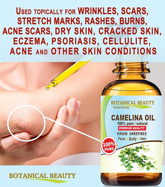 Botanical Beauty CAMELINA OIL 100% Pure Natural VIRGIN UNREFINED Cold-Pressed Carrier Oil 1 Fl oz 30 ml for Face, Skin, Body, Hair, Lip, Nails. Rich in Vitamin E, Omega 3
