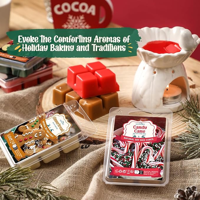 Christmas Wax Melts, 8 Pack Winter Scented Wax Cubes, Soy Wax Cubes Strong Scent, Wax Melts Tarts for Warmer - Apple Cinnamon, Christmas Pudding, Candy Cane and More, Colored Wax Melt Gift Set