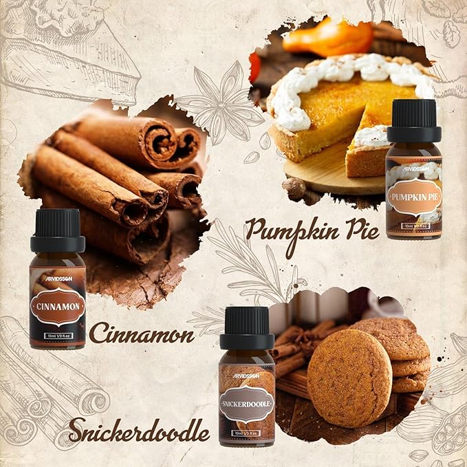 Autumn Spice Essential Oils Set, ARVIDSSON Fall Essential Oil for Diffuser - Cinnamon, Pumpkin Pie, Harvest Spice, Apple Cider, Gingerbread, Snickerdoodle, Cozy Fragrance Oils