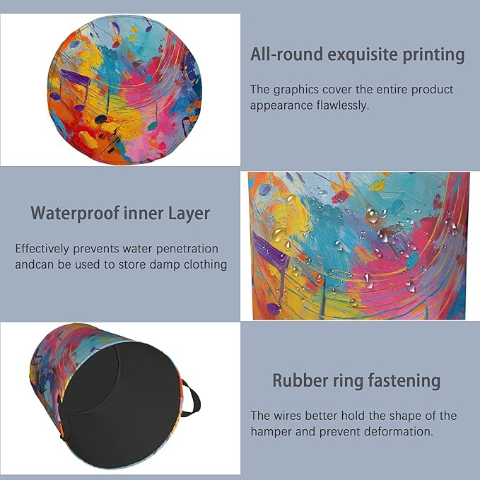 Colorful Music Symbols Laundry Basket,Foldable with Handles Tote Bag Oxford Cloth for Bathroom Bedroom Dirty Clothes Storage Bucket 16" x 20.8"