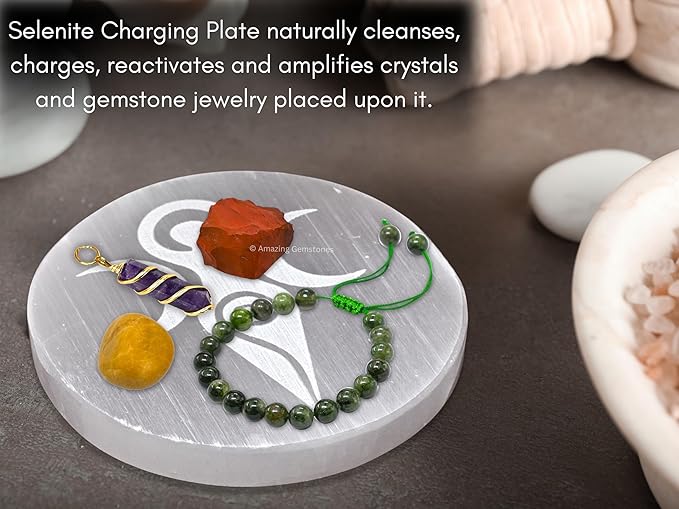 Amazing Gemstone Selenite Crystal Charging Plate For Crystals And Healing Stones, 3" Selenite Crystal Plate Engraved Goddess Angel Coaster For Home, Office Table Decor (Selenite Round Disc)