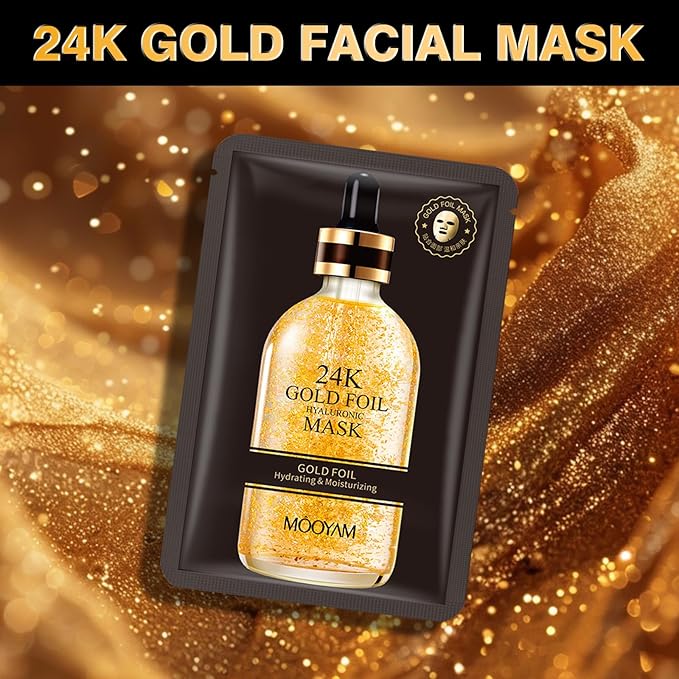 24K Gold Facial Mask for Women,Hydrating Face Mask Sheet Home SPA,Moisturizing Face Sheet Mask for Dry,Oily,Sensitive Skin 25ml（5Pack）