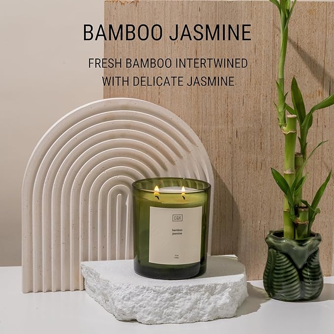 Craft & Kin 12oz Bamboo Jasmine Candle for Home | Premium Green Fall Scented Candles for Men | Made with Natural Soy | Gifts for Men and Women | Nature Collection