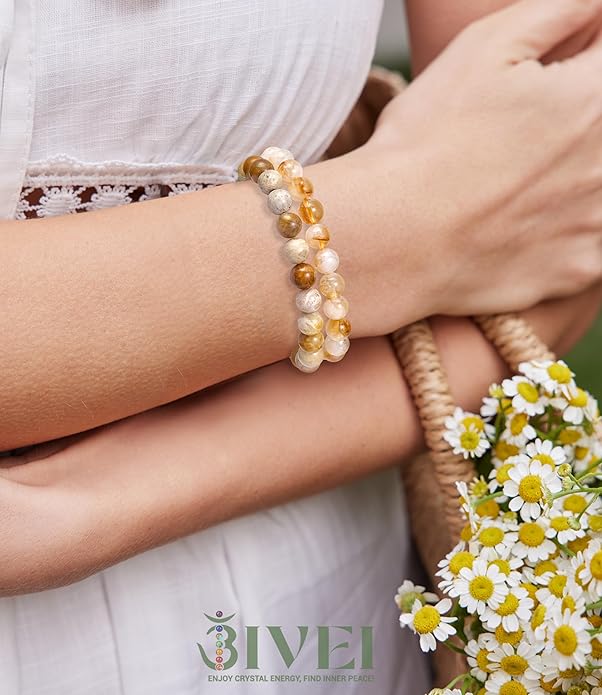 Bivei Natural Gemstone Semi Precious Healing Crystals Handmade Stretchy Round Beads Bracelet, Enhance Positive Energy