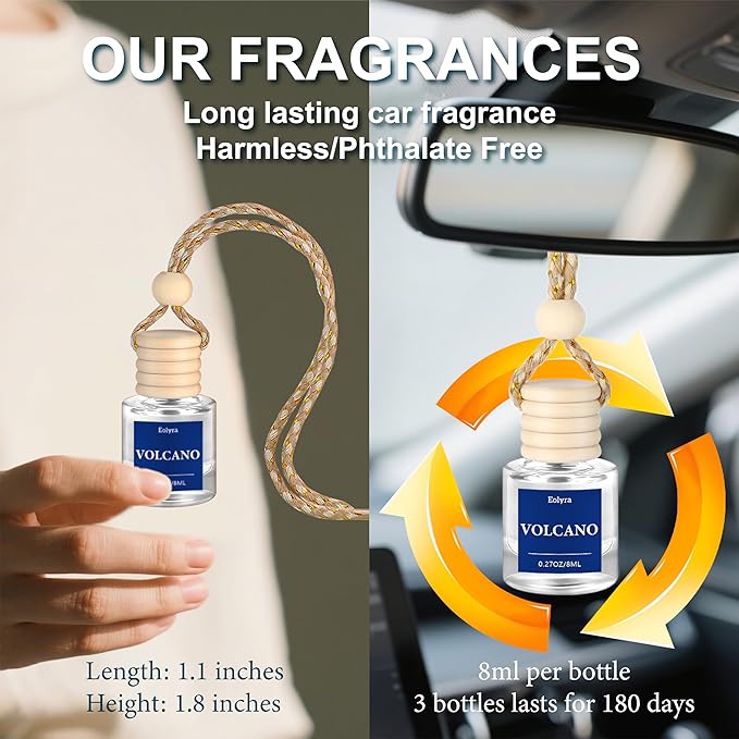 Hanging Car Air Freshener (Pack of 3) : Luxury Car Perfume for Women Men | Cute & Reusable Bottle with 45+ Days Long-Lasting Fragrance Oil Diffuser, Volcano