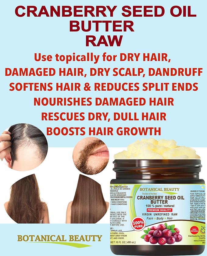 Botanical Beauty CRANBERRY SEED OIL BUTTER 100% Natural, Pure RAW VIRGIN UNREFINED Cold-Pressed for Face, Skin, Body, Hair, Lip, Nails. Rich in Vitamin C, Omega 3, Omega 6, omega-9 (4 Fl Oz)