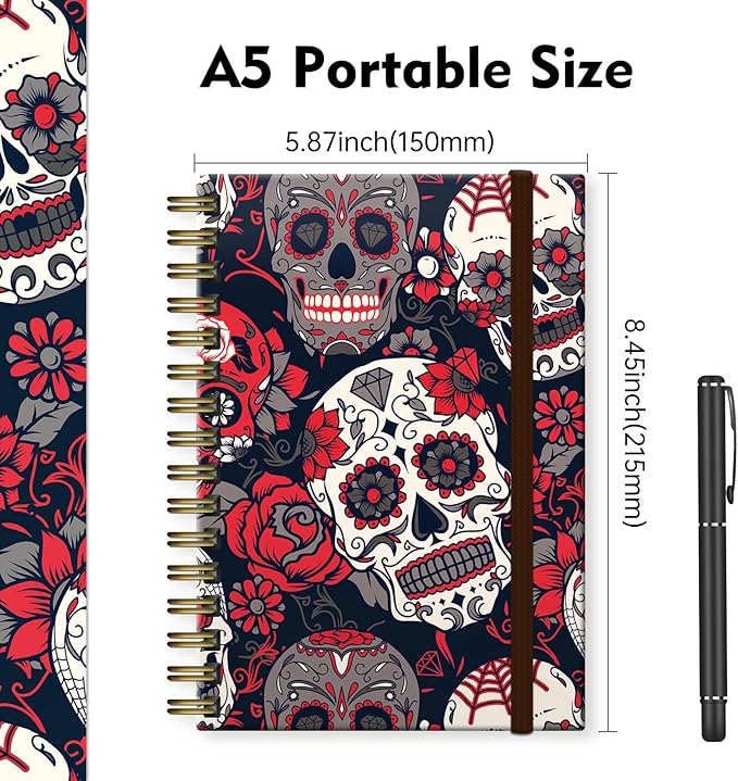Cute Spiral Notebook, Journal for Women, Hardcover Spiral Journal, 5.5 x 8.3 Inches, 120 Pages,100gsm Paper, for Gifts Nurse Teacher Women Office Supplies(Cute Red Skull)