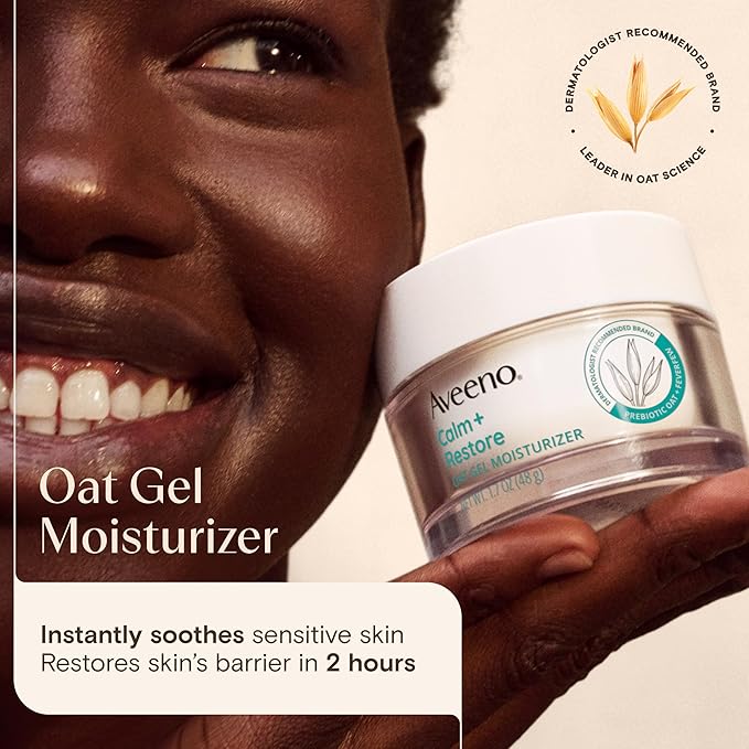Aveeno Calm + Restore Oat Gel Facial Moisturizer for Sensitive Skin, Fast-Absorbing, Soothing Lightweight Gel Cream with Prebiotic Oat & Feverfew, Fragrance-Free & Hypoallergenic, 1.7 oz