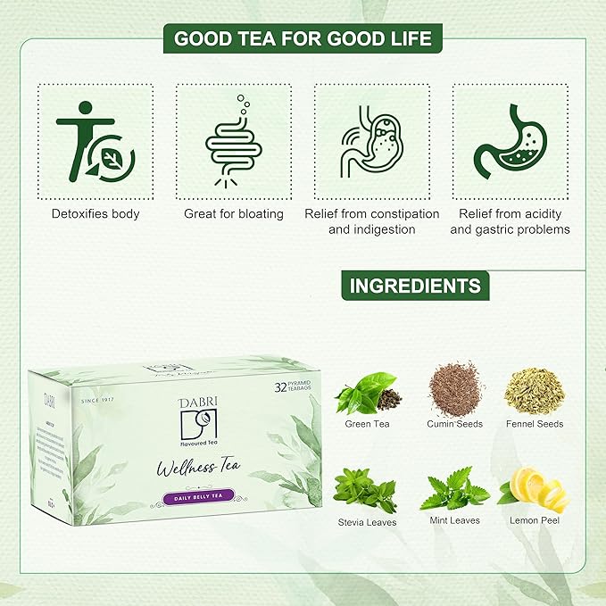 Dabri Daily Belly Wellness Tea Bags 32pcs | Great for Bloating | Relief from Constipation and indigestion | Relief from acidityand gastric problems (32 pyramid bags)