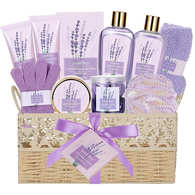 Bath and Body Gift Basket Set for Women - LAVENDER & HONEY Christmas Gifts for Women, Spa Large Beauty Personal Care Set, Home-spa Pampering Package for Mother day, Spa Bridal Shower Kit