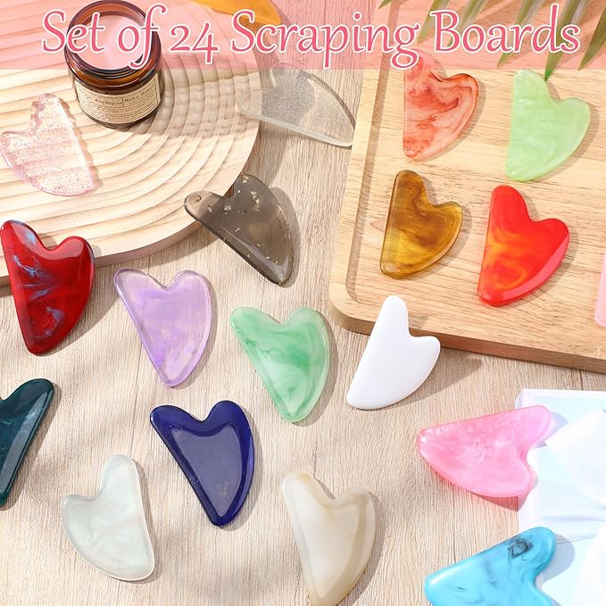 Sherr 48 Pcs Gua Sha Facial Tool Resin Gua Sha Massage Tool Heart Shaped Facial Stone Board for Face Body Skin Massage Spa Acupuncture Prevent Wrinkles (Vivid Colors)