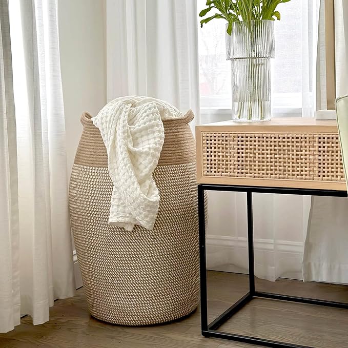 Goodpick Laundry Hamper | Woven Cotton Rope Dirty Clothes Hamper Tall kids Curve Laundry Basket Large, 25.6 x 17.71 Inch