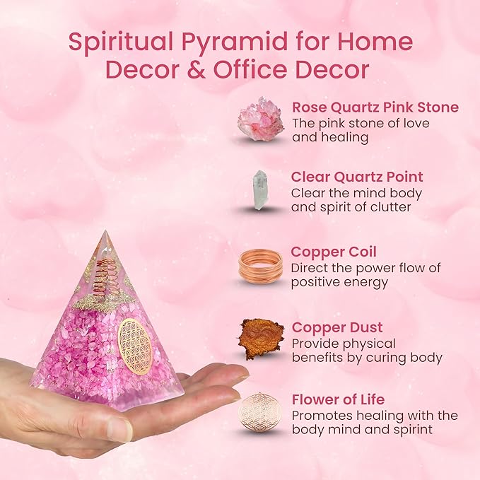 Rose Quartz Orgone Pyramid for Healing Energy – Handcrafted Crystal Pyramid with Copper Coil for Love, Harmony & Meditation – Reiki, Chakra Balancing, Positive Energy Generator Spiritual Gift