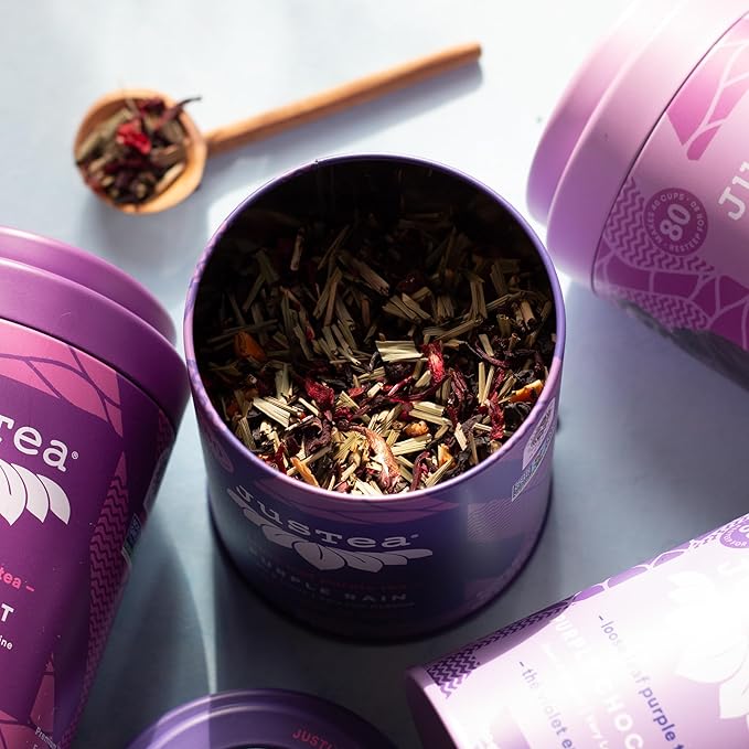 JusTea PURPLE RAIN | Loose Leaf Purple Tea | Tin with Hand Carved Tea Spoon | 40+ Cups (2.8oz) | Very Low Caffeine | Award-Winning | Fair Trade | Non-GMO