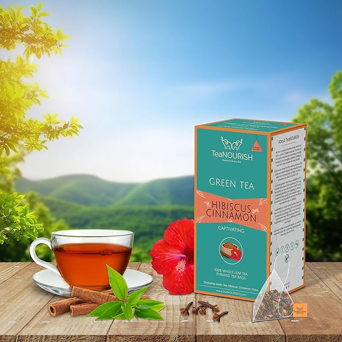 TeaNOURISH Hibiscus Cinnamon Green Tea | 20 Count Pyramid Tea Bags | Darjeeling Whole Leaf | 100% Natural Hibiscus Flower, Cinnamon & Clove | Delicious & Refreshing