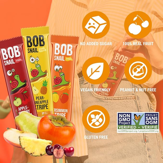 BOB SNAIL Healthy Organic Fruit Snacks for Kids and Adults – 30 Organic Fruit Leather Snacks with Persimmon, Pear-Pineapple,Cherry – Vegan Low-Carb Variety Pack Strips for Kids – Sugar Free Jerky Bars
