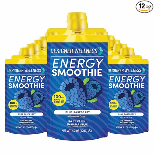 Designer Wellness Energy Smoothie, Real Fruit, 100mg Natural Caffeine, 5g Protein, Low Carb, Zero Added Sugar, Gluten-Free, Blue Raspberry, 12 Count