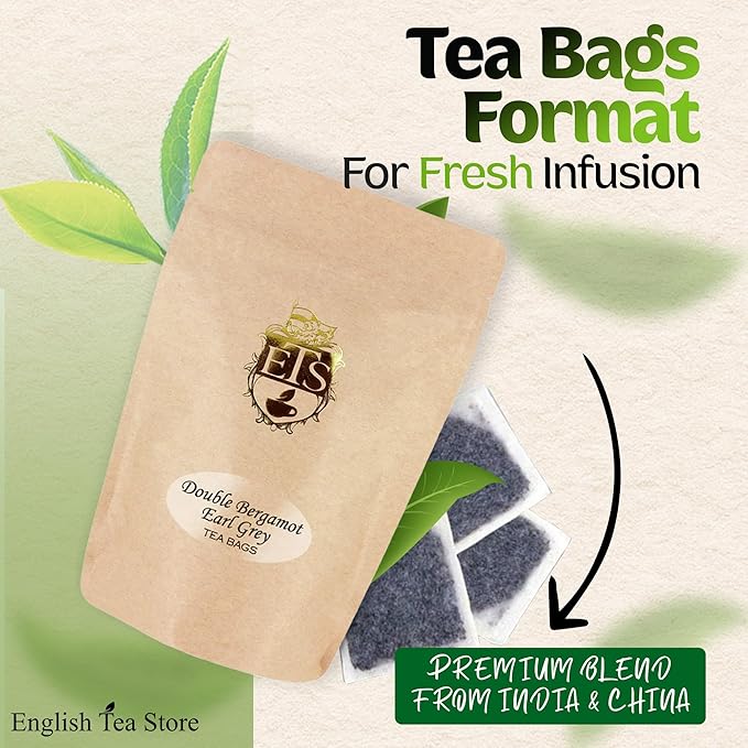 Double Bergamot Earl Grey Tea Bags | Strong Citrus Black Tea Blend | 25 Count Pouch | Indian Ceylon Loose Leaf in Teabag Format | Natural Bergamot Extract | English Tea Store