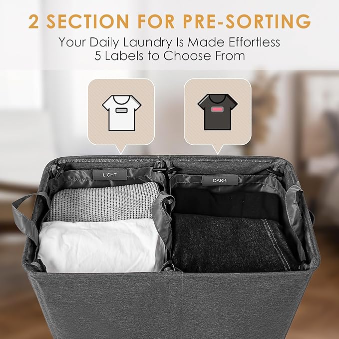 Double Laundry Hamper with Lid, 135L Dirty Clothes Hamper with Removable Bags & Labels, Laundry Basket 2 Section for Separating, Large Laundry Basket for Laundry Room, Bedroom, Dark Grey