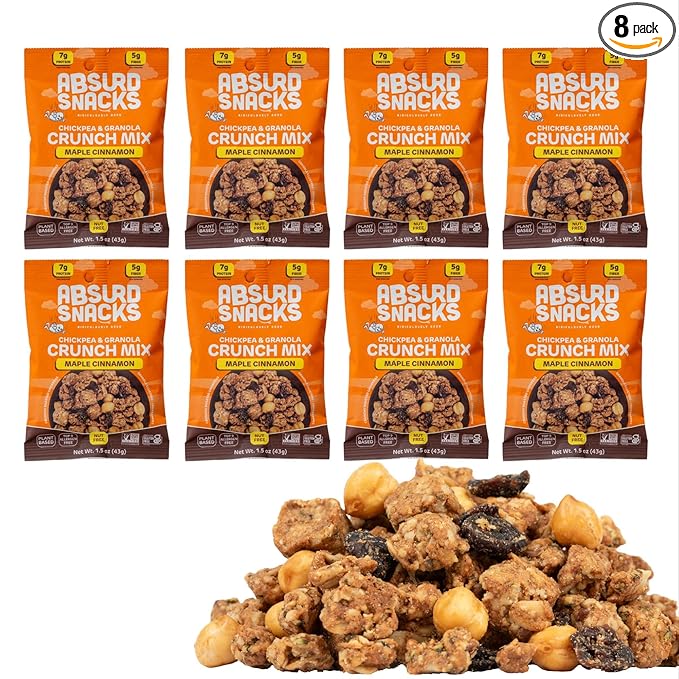Absurd Snacks Chickpea & Granola Crunch Mix, Nut-Free, Gluten-Free, Plant-Based, Good Source of Protein & Fiber, Top-9 Allergen Free Snack Mix - 8-Pack (1.5 ounce, 8 servings) (8 Pack, Maple Cinnamon)