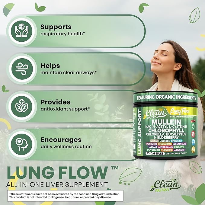 Clean Nutra Mullein Leaf Extract for Lungs Cleanse NAC Supplement Chlorophyll Chlorella Elderberry | Lung Detox for Smokers | Ginger Licorice Astragalus Oregano Turmeric Respiratory Support Capsules