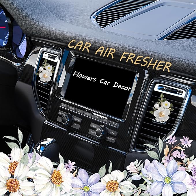 Flower Car Accessories,2pcs White Daisy Bouquet Air Freshener Vent Clips,Car Interior DashBoard Decorations Aesthetics for Women,Refillable Aroma Diffuser