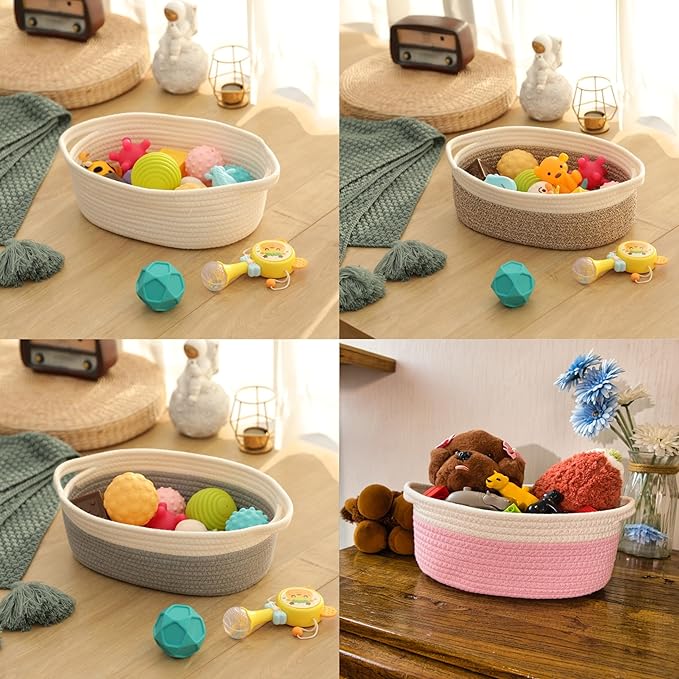 2 Pack Small Woven Storage Basket with Handles 12"x8"x5", Decorative Rope Bin for Home Organization, Shelf Storage,Cotton Rope Room Shelf Storage Basket with Handles