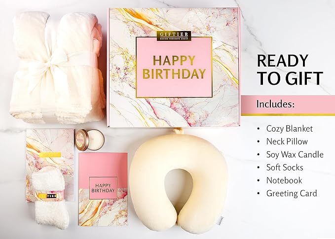 Birthday Gift Basket for Women - Happy Birthday Gift Basket For Her w/Memory Foam Pillow, Blanket, Candle, Socks, Journal, and Card - Curated Birthday Gift Set and Happy Birthday Gift Box for Women